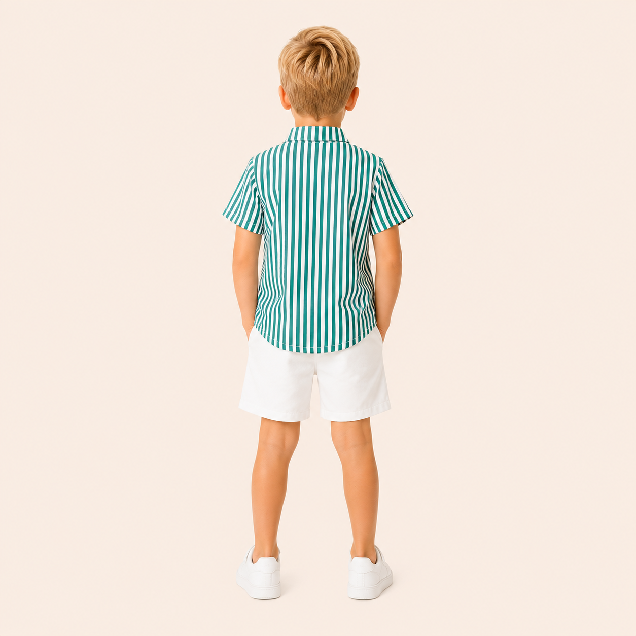 Jongens zomerset 2-delig – groen gestreept overhemd met witte shorts