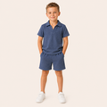 Jongens 2-delige zomerset met wafel polo en short in zeeblauw