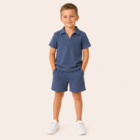 Jongens 2-delige zomerset met wafel polo en short in zeeblauw