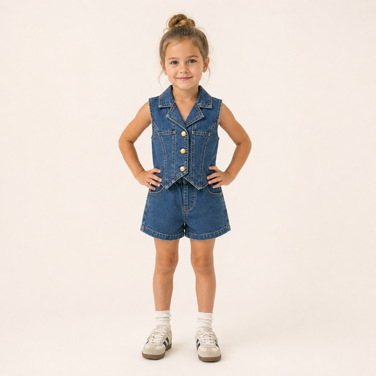 Meisjes 2-delige denim set met gilet en shorts
