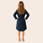Meisjes blousejurk met strikceintuur in donkerblauw