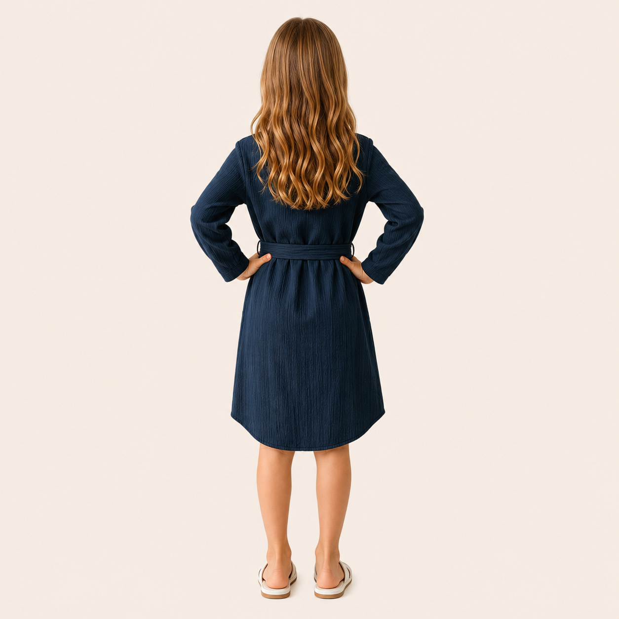 Meisjes blousejurk met strikceintuur in donkerblauw
