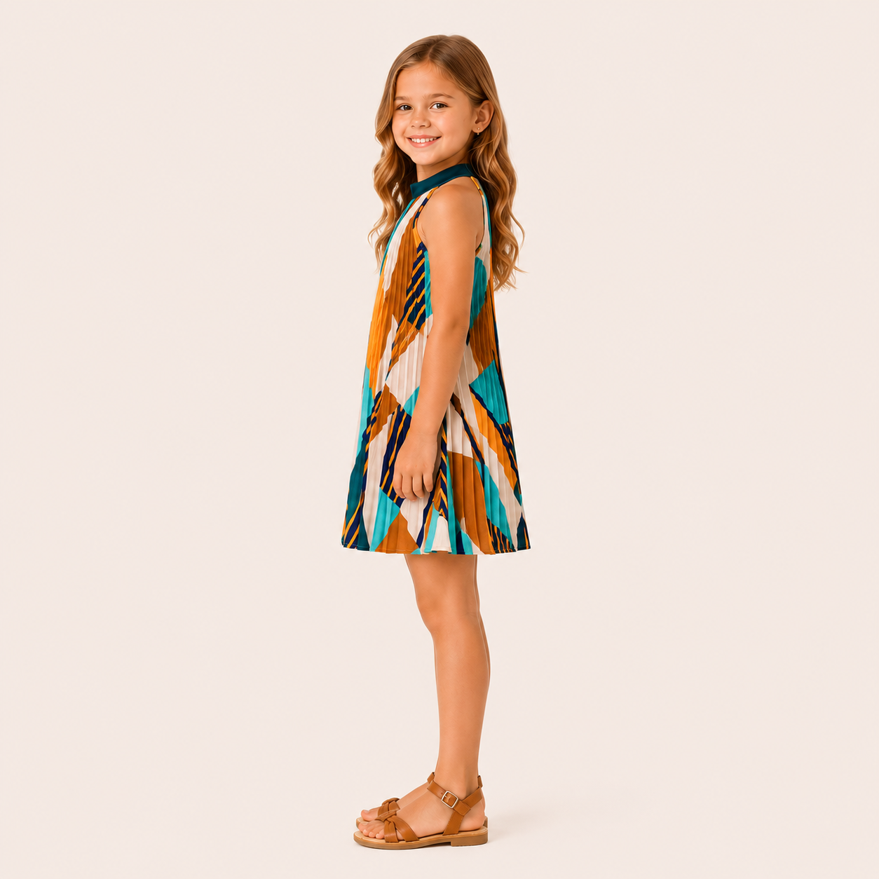 Geplooide Halter Jurk met Geometrische Print voor Meisjes