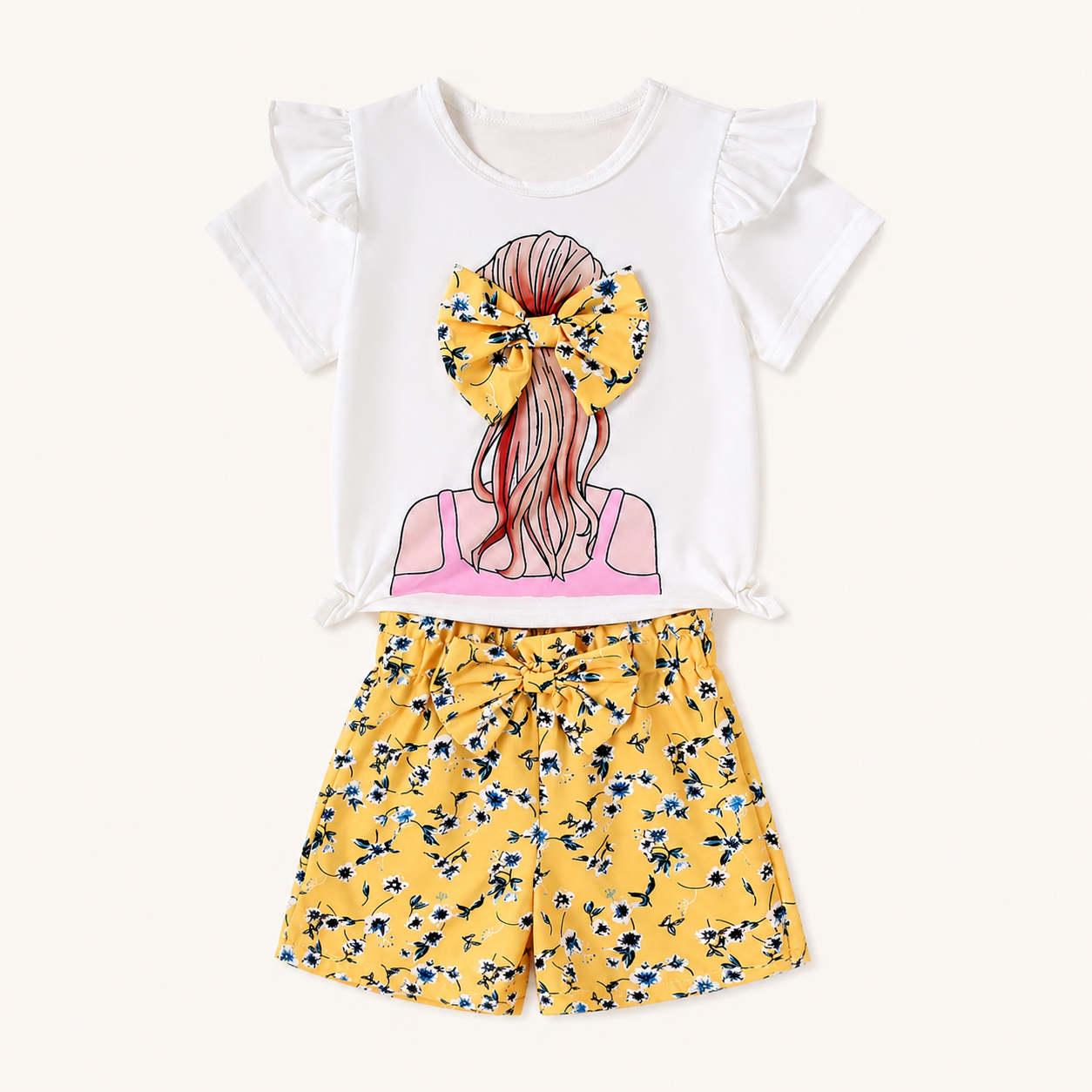 Meisjes 2-delige set met ruffle t-shirt en gele bloemetjesshort