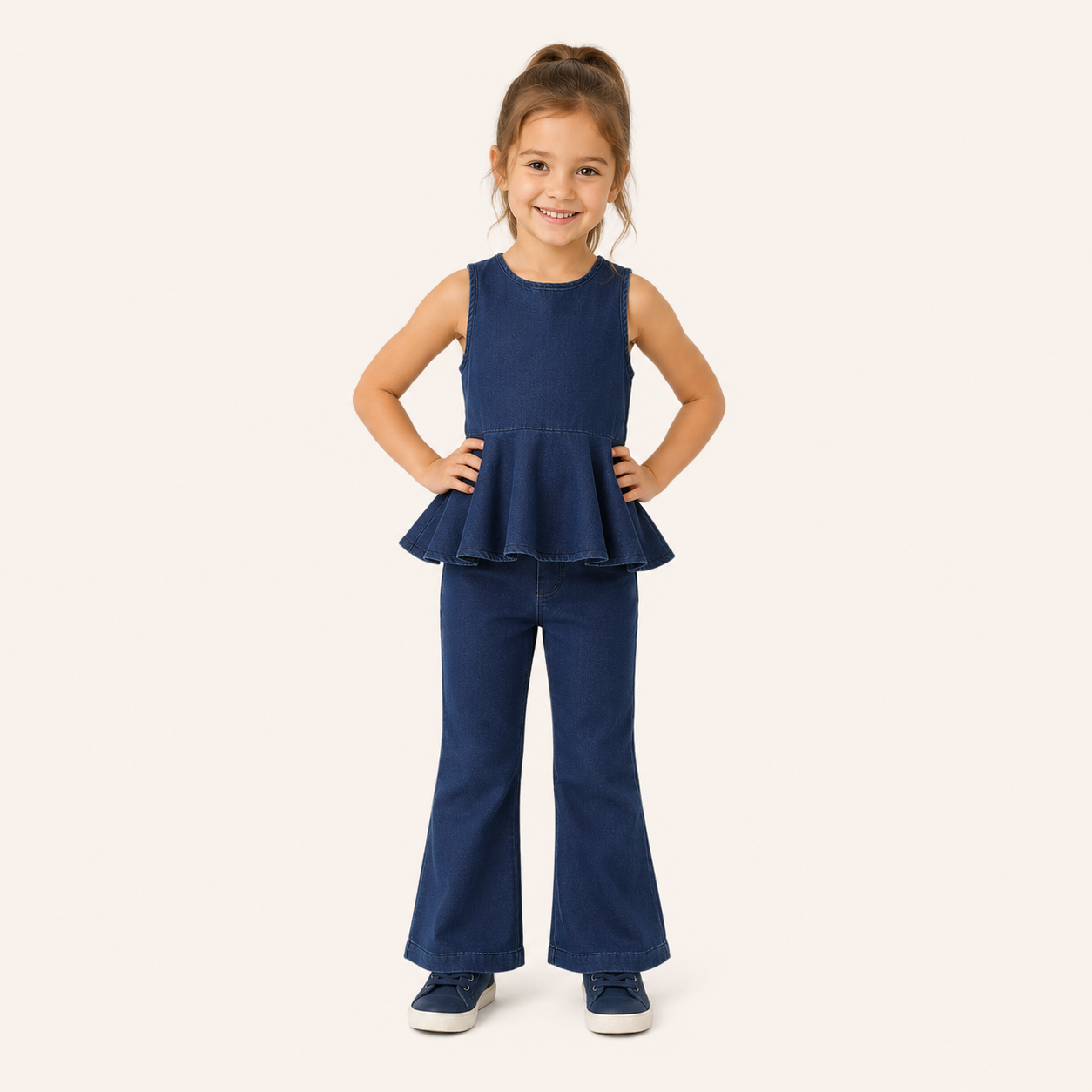 2-Delige Meisjes Denim Set met Peplum Top & Flared Broek