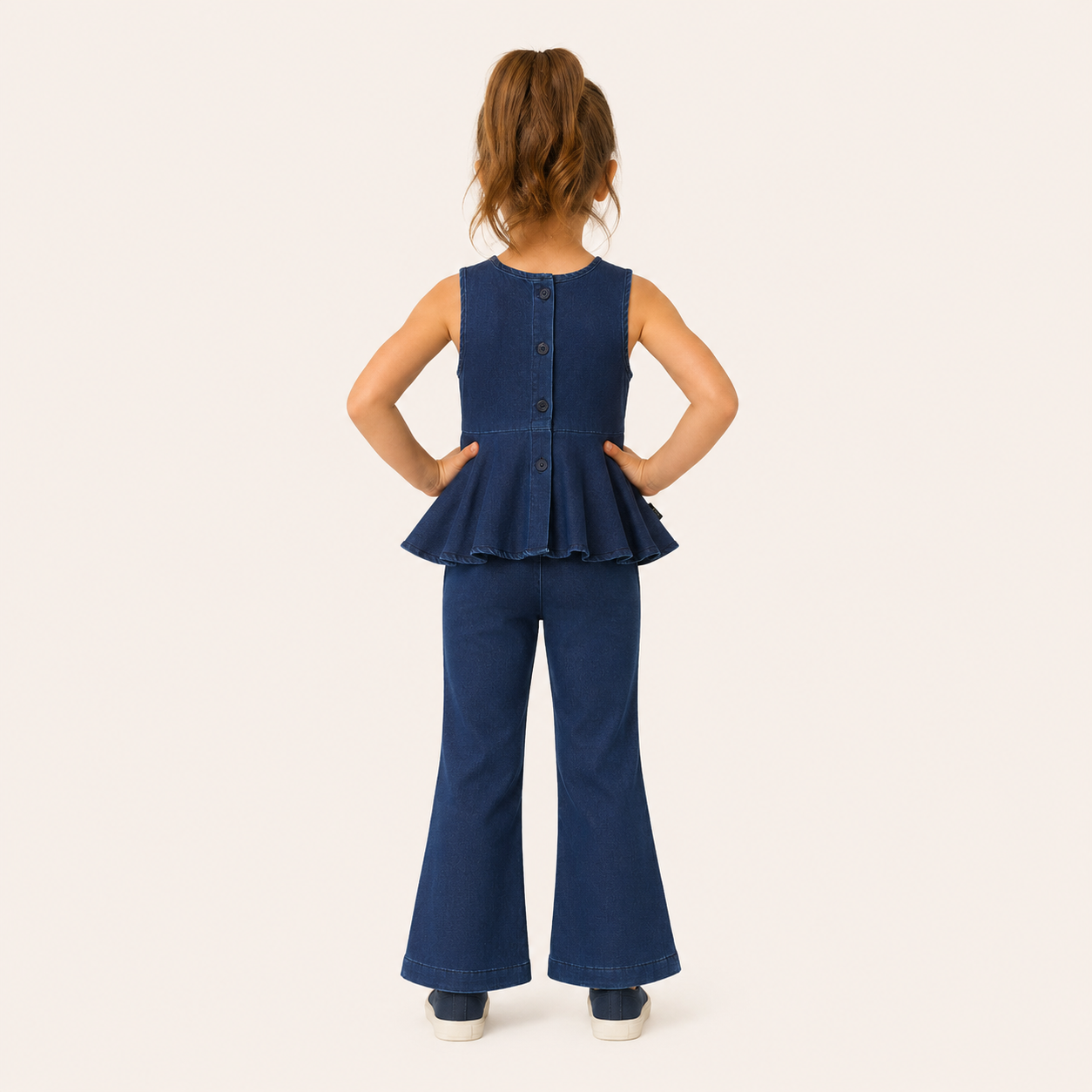 2-Delige Meisjes Denim Set met Peplum Top & Flared Broek