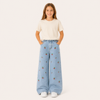 Zomerse Denim met Kersjes - Wijde Spijkerbroek voor Meisjes