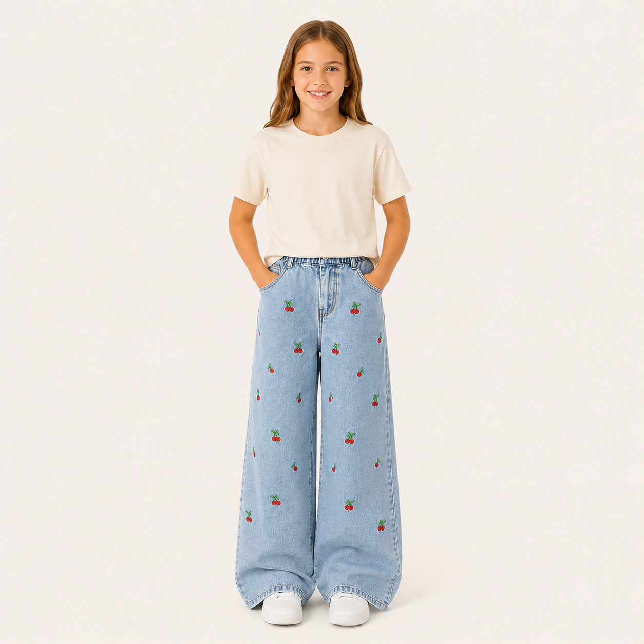 Zomerse Denim met Kersjes - Wijde Spijkerbroek voor Meisjes