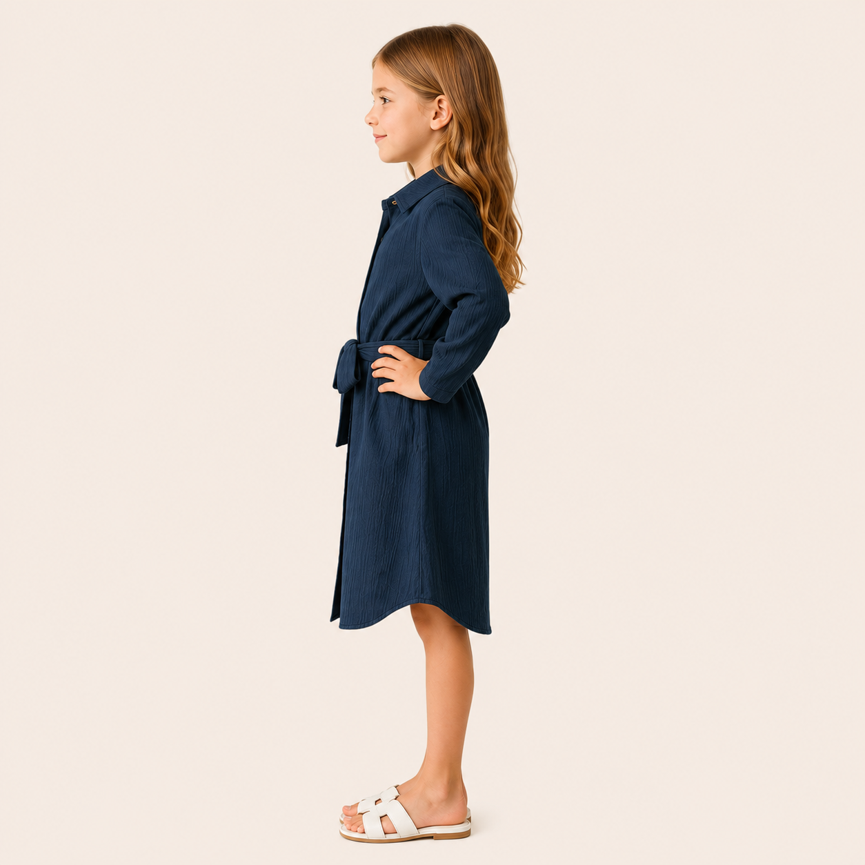 Meisjes blousejurk met strikceintuur in donkerblauw