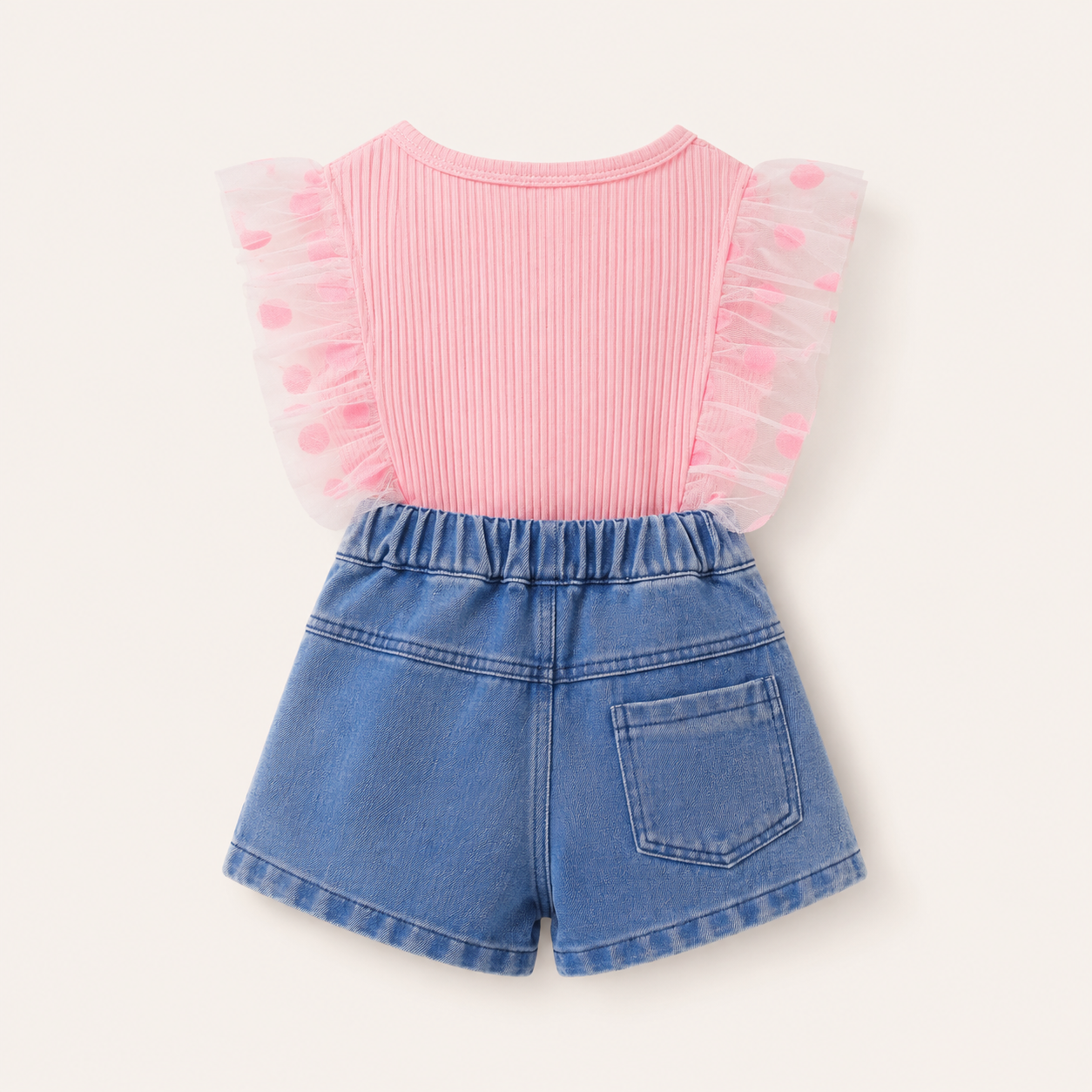 Meisjes 2-delige set met roze ribbelshirt en denim hartjesshort