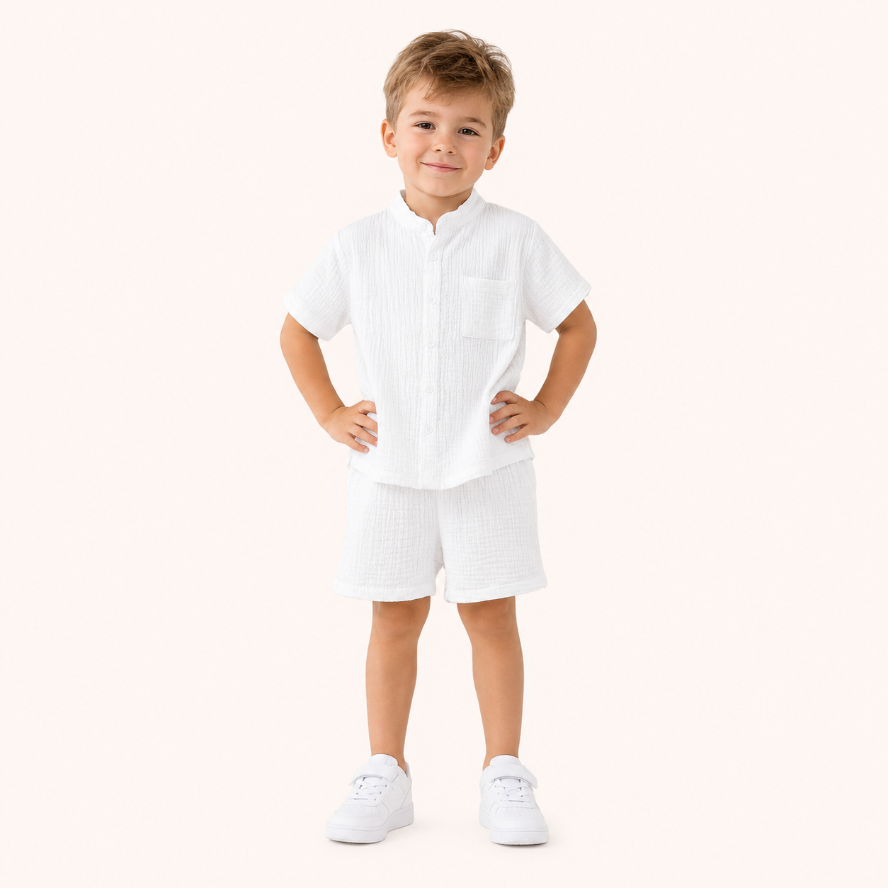 2-Delige Witte Jongensset met Mousseline Overhemd en Short