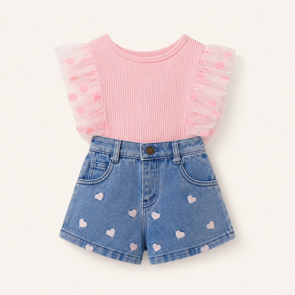 Meisjes 2-delige set met roze ribbelshirt en denim hartjesshort