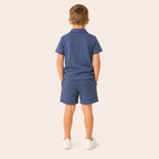 Jongens 2-delige zomerset met wafel polo en short in zeeblauw