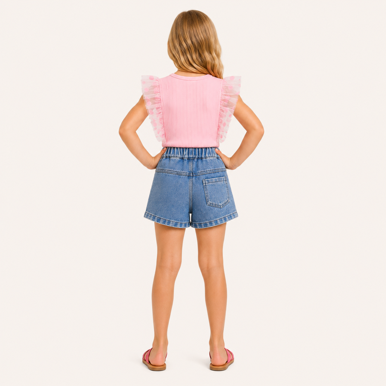 Meisjes 2-delige set met roze ribbelshirt en denim hartjesshort