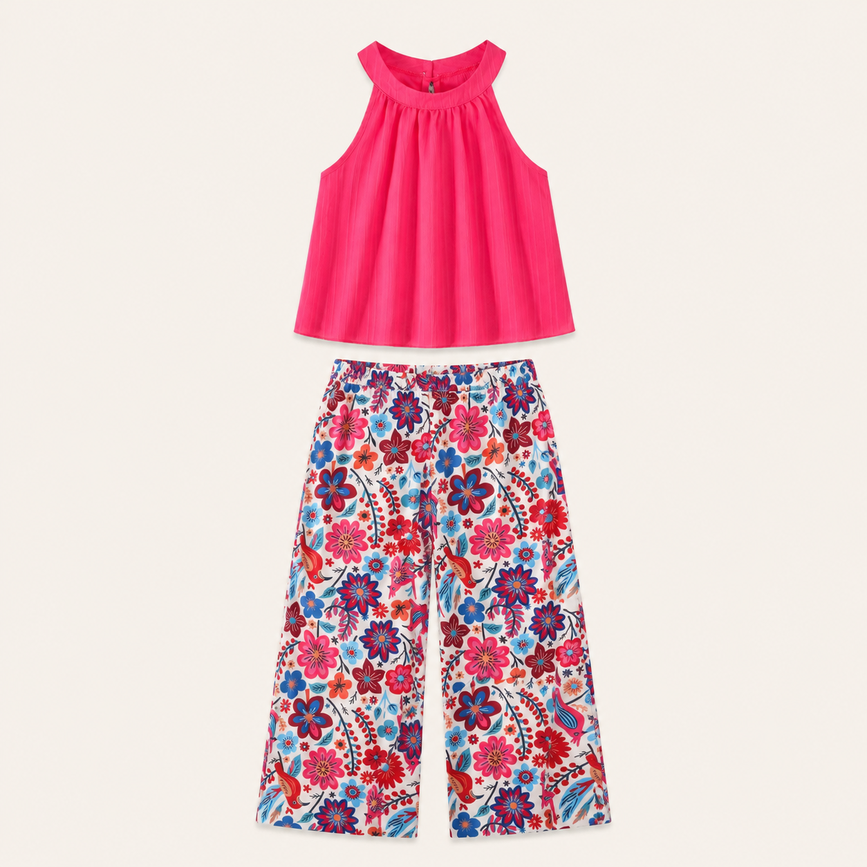 Meisjes 2-delige set met haltertop en bloemen wide-leg broek