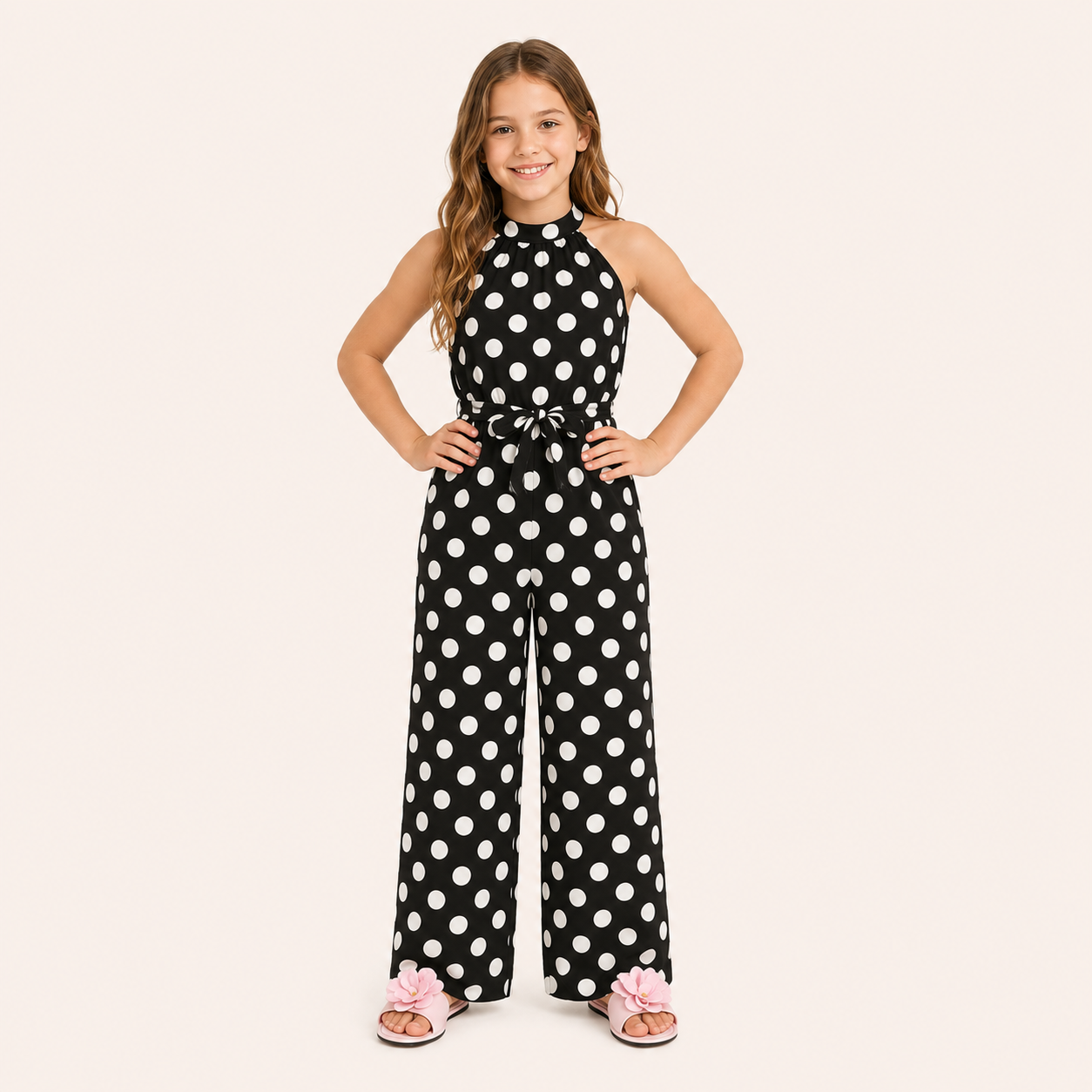 Meisjes jumpsuit met polkadot print en strikceintuur