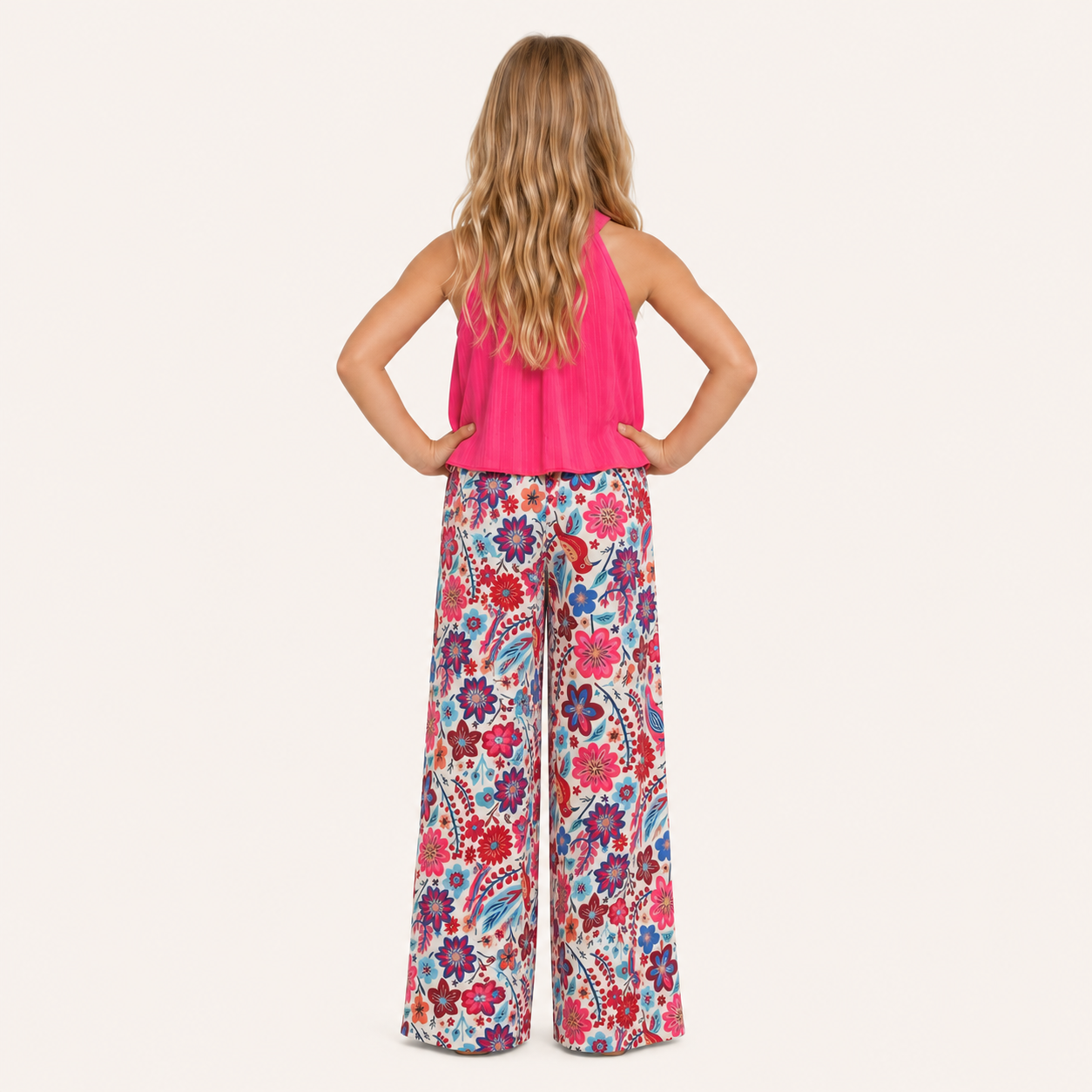 Meisjes 2-delige set met haltertop en bloemen wide-leg broek