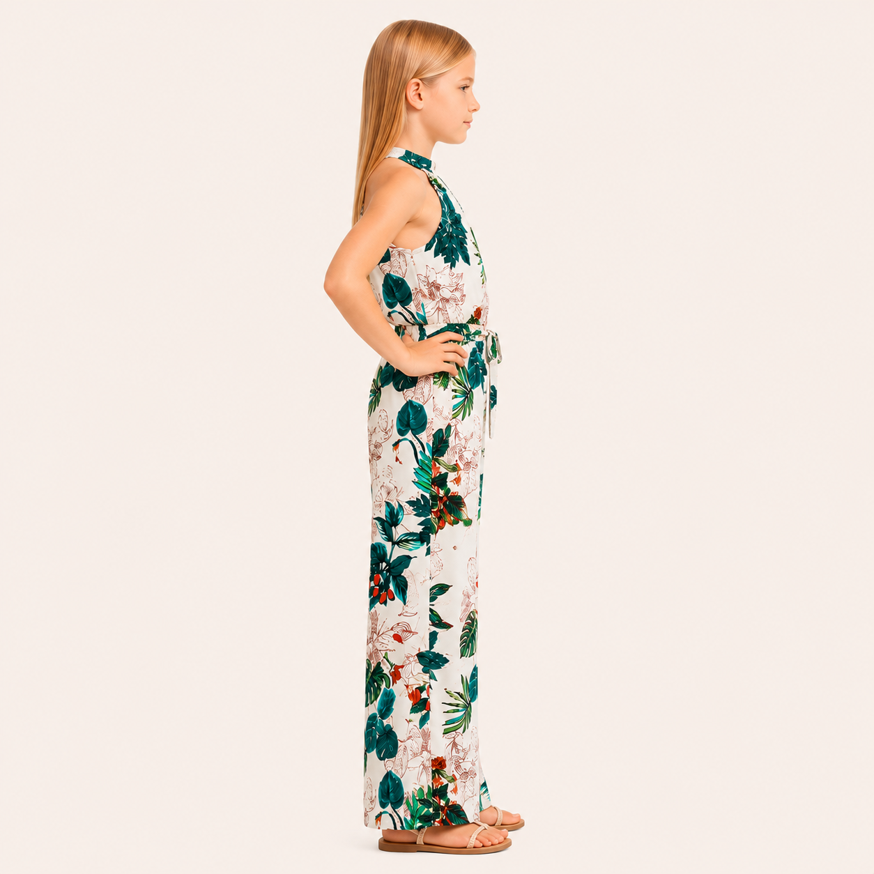 Meisjes jumpsuit met tropische bloemprint en strikceintuur