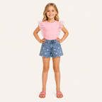 Meisjes 2-delige set met roze ribbelshirt en denim hartjesshort