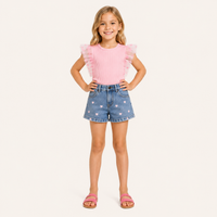 Meisjes 2-delige set met roze ribbelshirt en denim hartjesshort