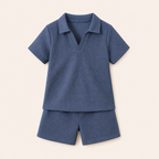 Jongens 2-delige zomerset met wafel polo en short in zeeblauw