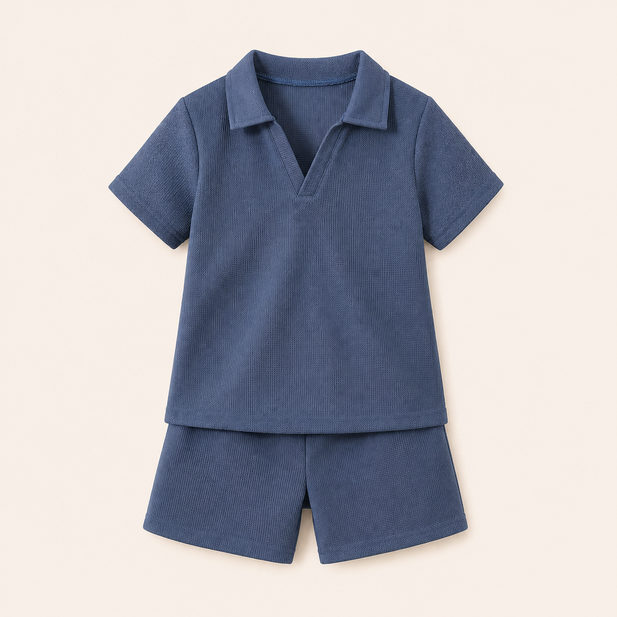 Jongens 2-delige zomerset met wafel polo en short in zeeblauw