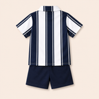 Jongens zomerset 2-delig – marine gestreept overhemd met donkerblauwe shorts