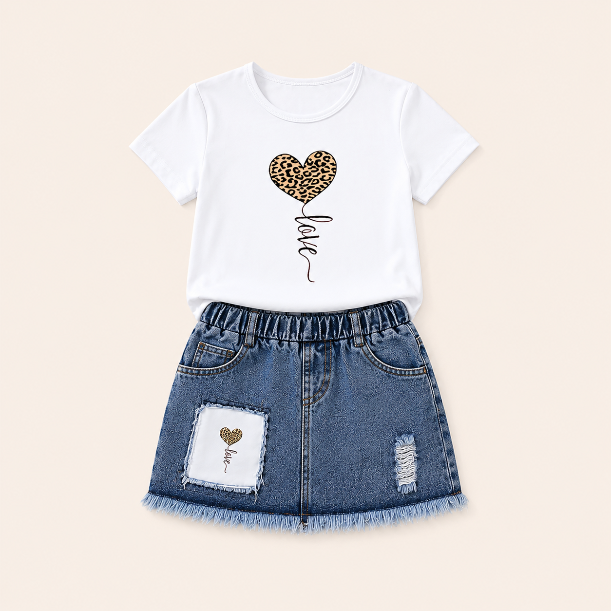 Stoere Set met Luipaardhart T-shirt en Denim Rok voor Meisjes