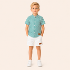 Jongens zomerset 2-delig – groen gestreept overhemd met witte shorts