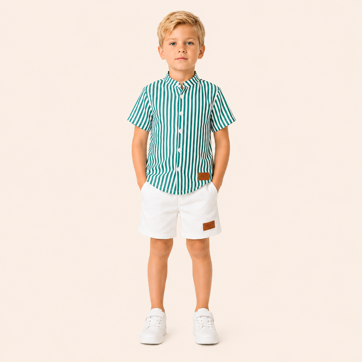 Jongens zomerset 2-delig – groen gestreept overhemd met witte shorts