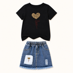 Stoere Set met Luipaardhart T-shirt en Denim Rok voor Meisjes