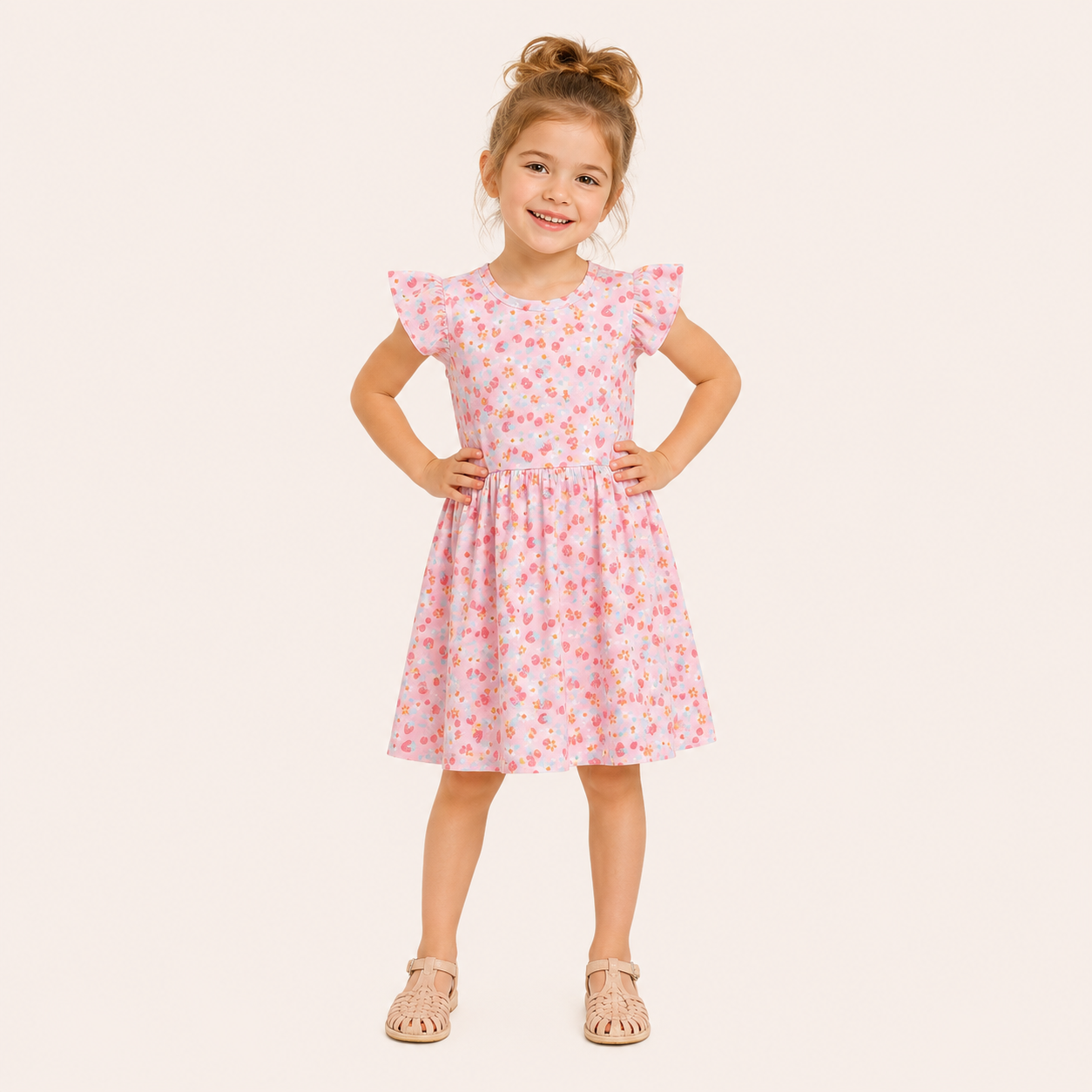 Meisjes Zomerjurk met Aardbei Print en Vlindermouwtjes | Roze
