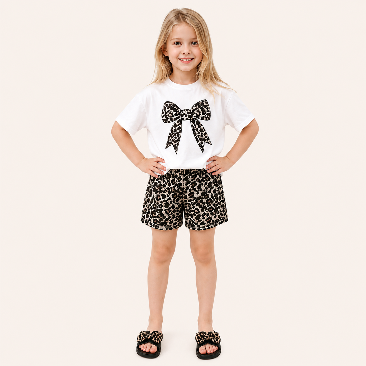 Meisjes 2-delige set met luipaardprint strik t-shirt en short