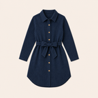 Meisjes blousejurk met strikceintuur in donkerblauw