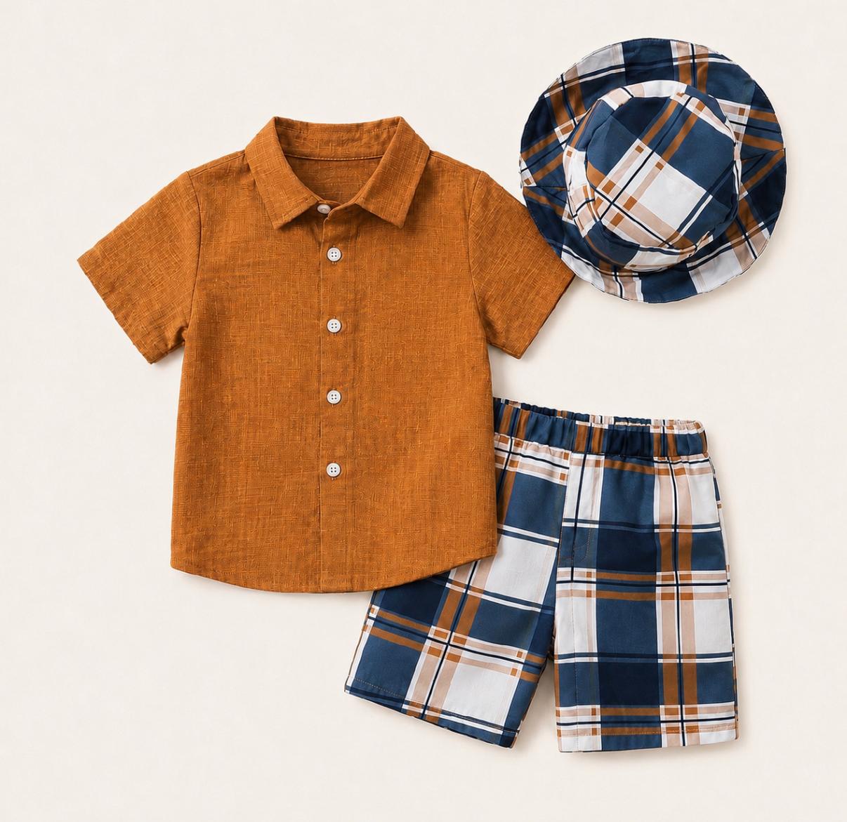 Jongens 3-delige zomerset met overhemd, short en zonnehoed