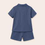 Jongens 2-delige zomerset met wafel polo en short in zeeblauw