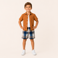 Jongens zomerset 3-delig – bruin, overhemd, geruite short en bijpassende zonnehoed
