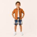 Jongens zomerset 3-delig – bruin, overhemd, geruite short en bijpassende zonnehoed