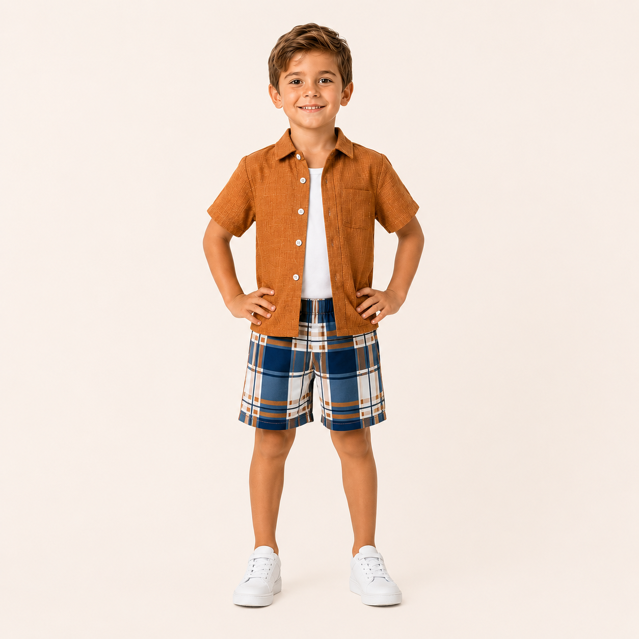Jongens zomerset 3-delig – bruin, overhemd, geruite short en bijpassende zonnehoed
