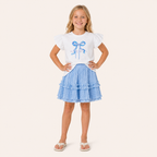 Meisjes 2-delige Set met Strik Topje en Gelaagde Rok | Blauw-Wit