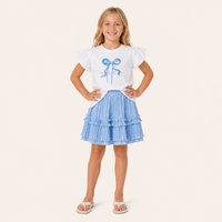 Meisjes 2-delige Set met Strik Topje en Gelaagde Rok | Blauw-Wit