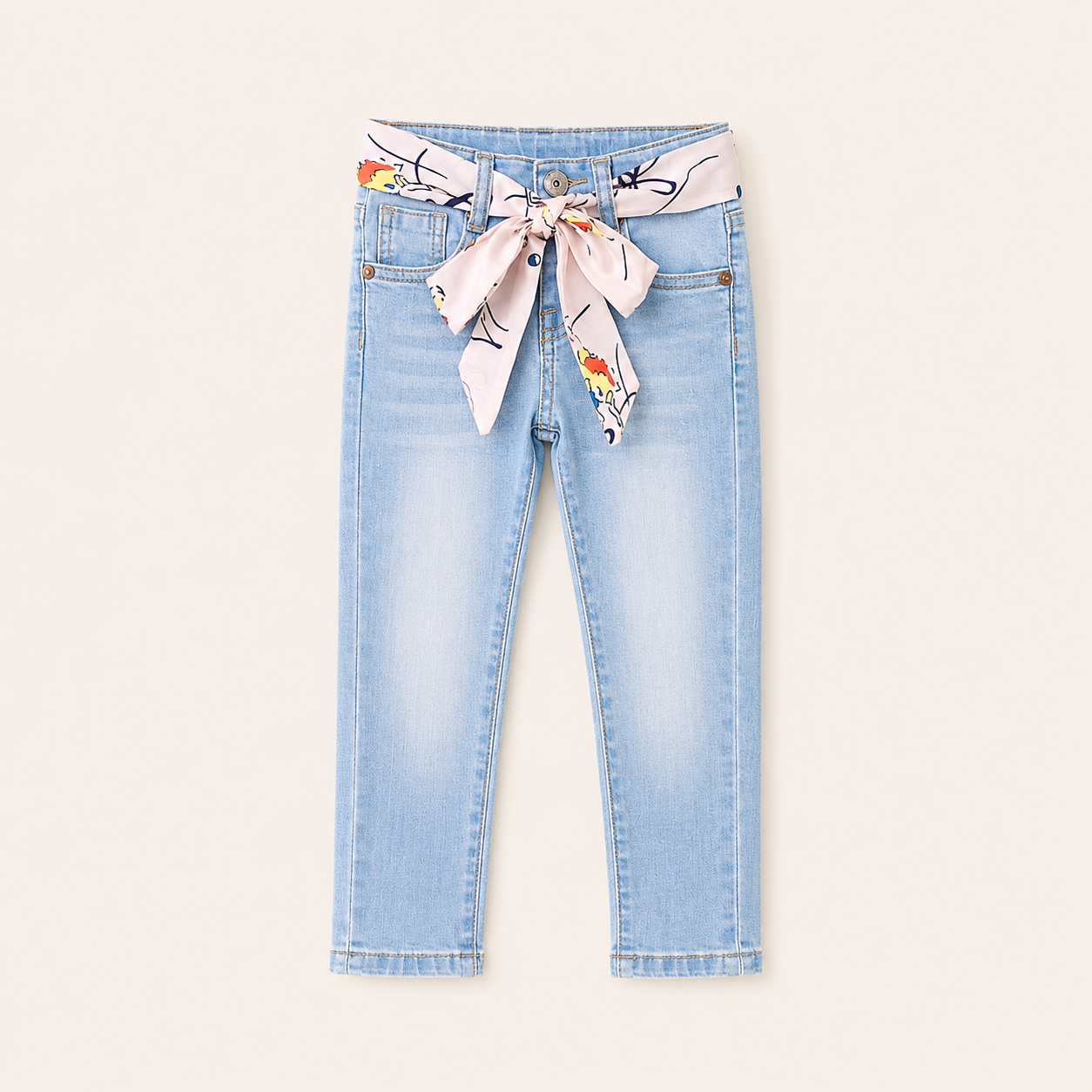 Meisjes Denim Jeans met Geprinte Sjaal Strik