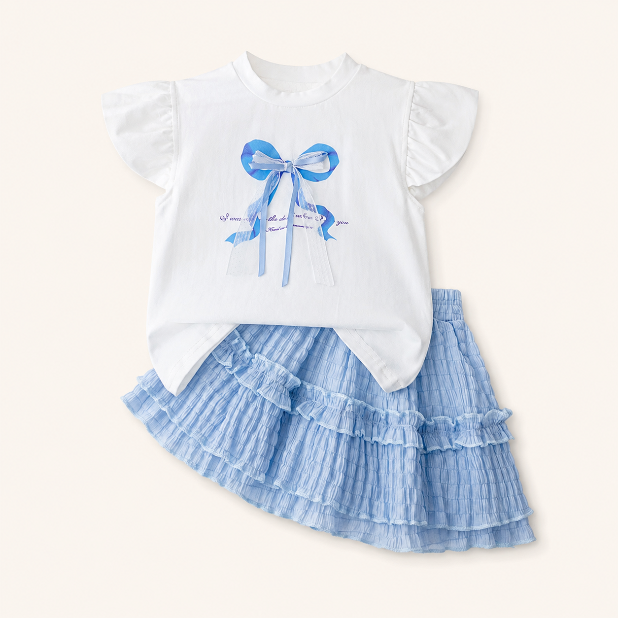 Meisjes 2-delige Set met Strik Topje en Gelaagde Rok | Blauw-Wit