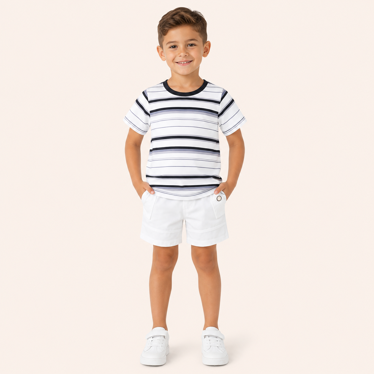 Jongens zomerset 2-delig – gestreept t-shirt met witte shorts