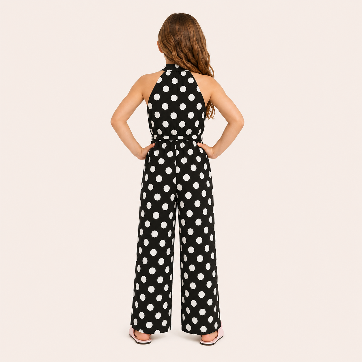 Meisjes jumpsuit met polkadot print en strikceintuur