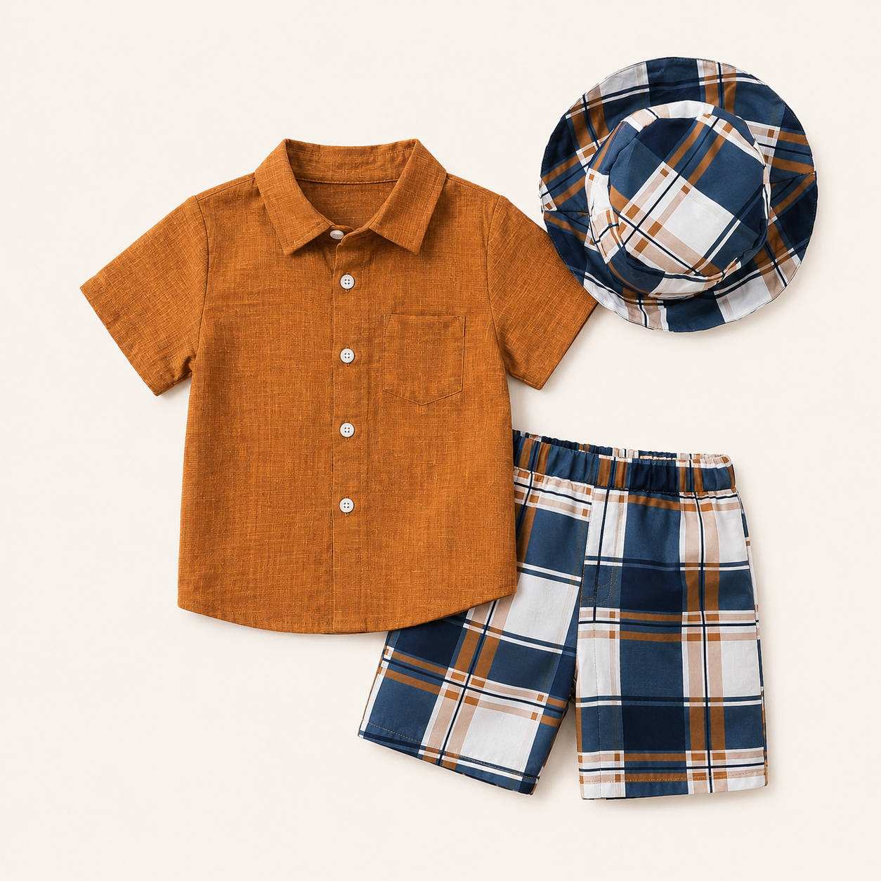 Jongens zomerset 3-delig – bruin, overhemd, geruite short en bijpassende zonnehoed