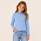 Meisjes Geribde Longsleeve met Ruche Kraag | 4 kleuren