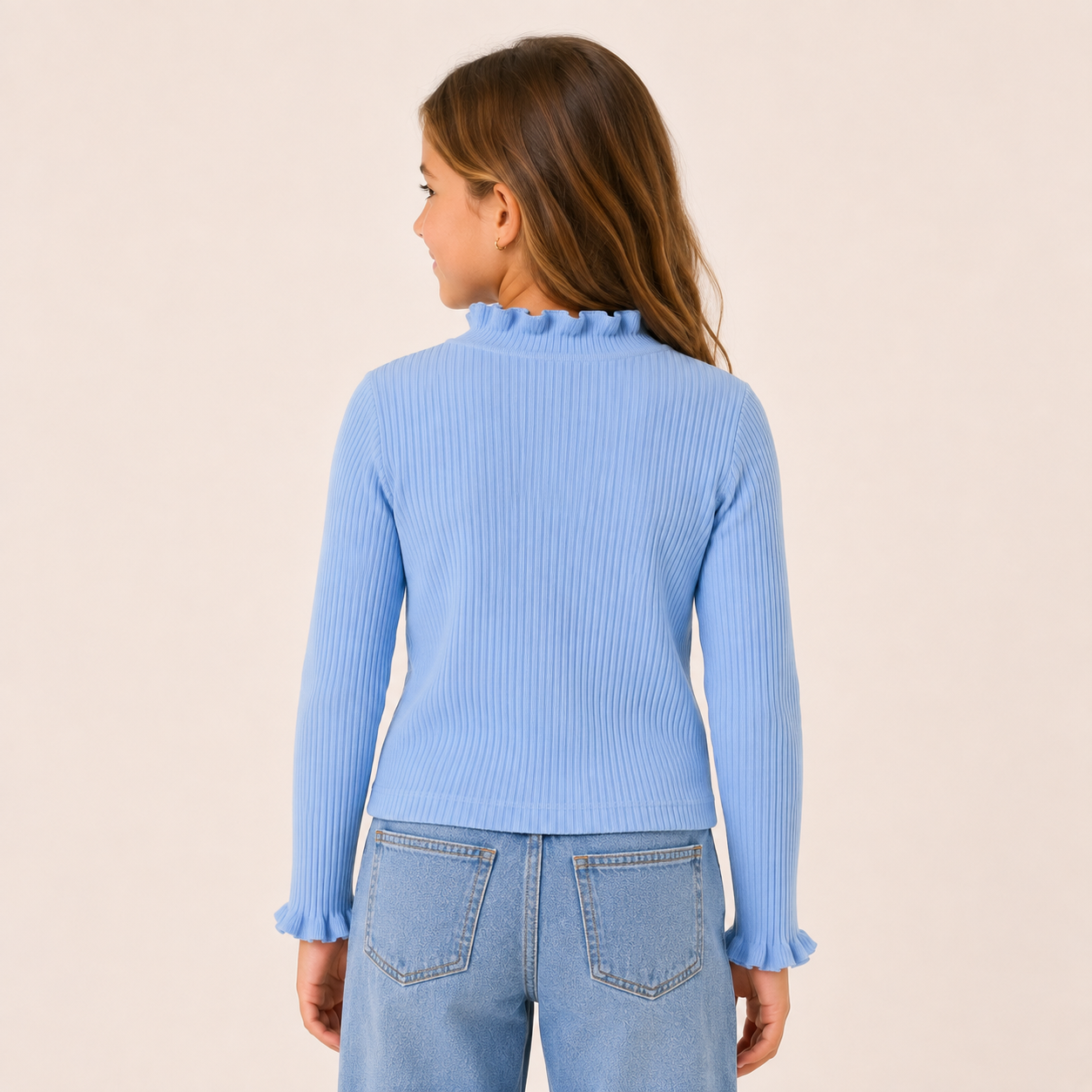 Meisjes Geribde Longsleeve met Ruche Kraag | 4 kleuren