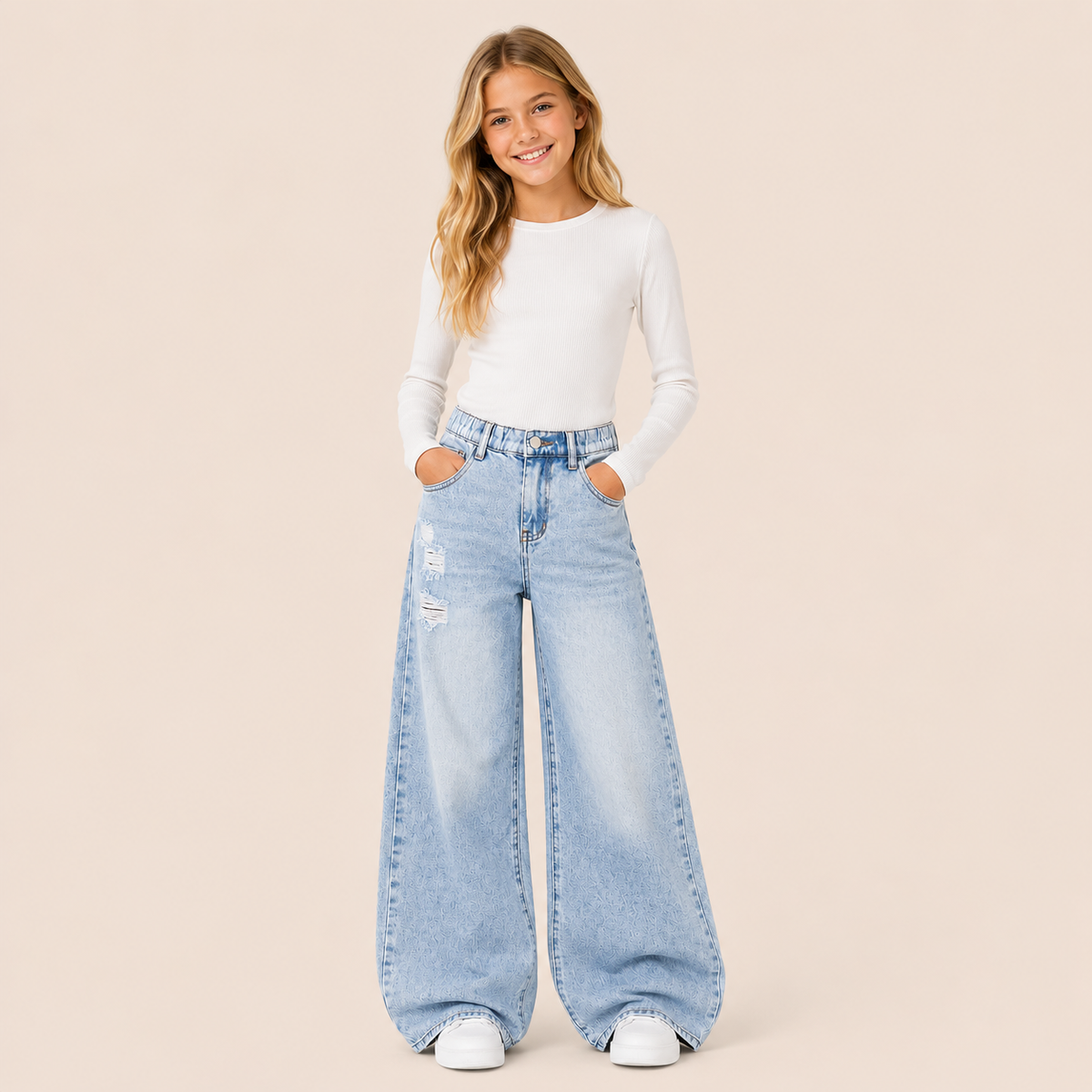 Meisjes Gescheurde Jeans met Wijde Pasvorm