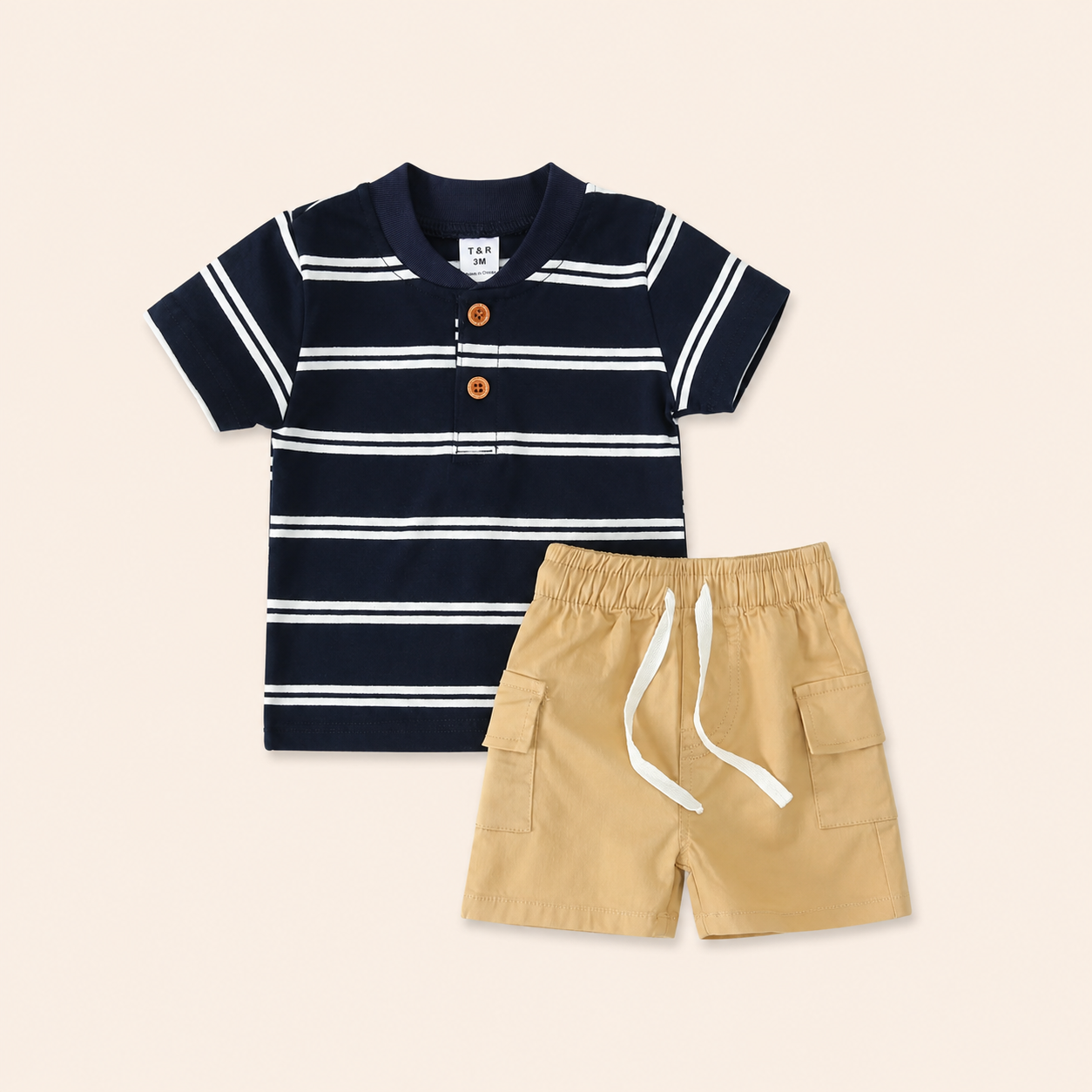 Jongens zomerset 2-delig – marine gestreept shirt met cargo shorts